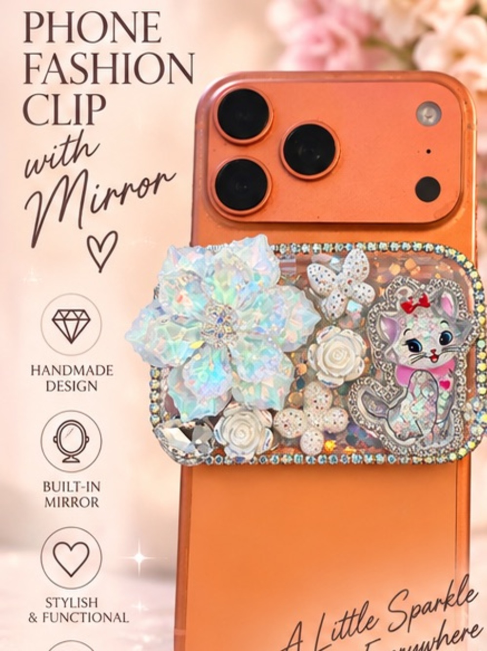 OOAK Handmade Jeweled Cat Rhinestone iPhone Mirror Fashion Clip